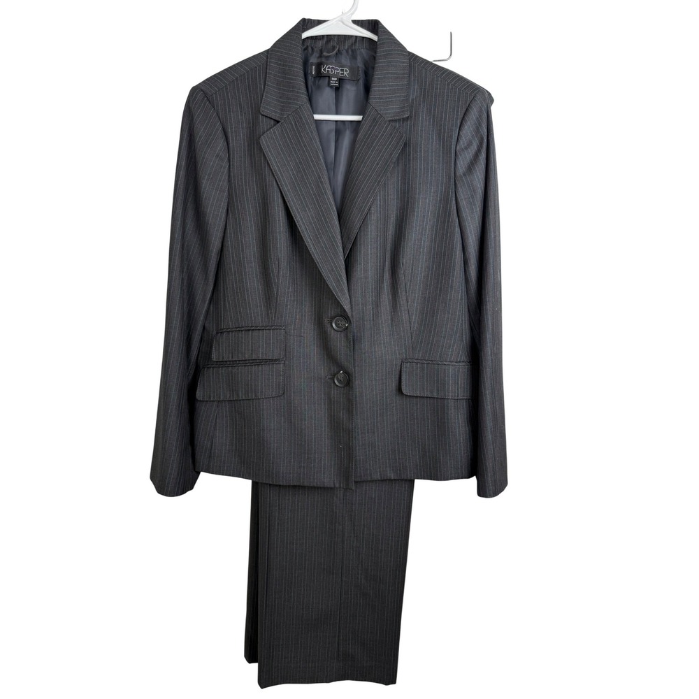 Kasper Petite Gray Pinstripe 2 Button Pant Suit Set 14P Career Office Preppy